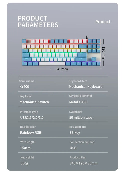 2022 Mechanical Double Color Keyboard 87 Keys Double Injection Keycap Wired with Metal Panel