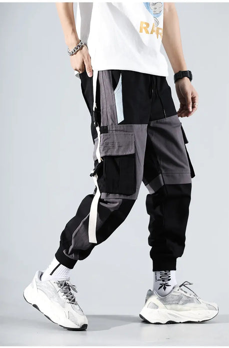 YiXin 2023Men Cargo Jogger Pants Black Cargo Pocket Track Joggers Hip Hop Joggers Male Sweatpants Ribbons Men Cargo