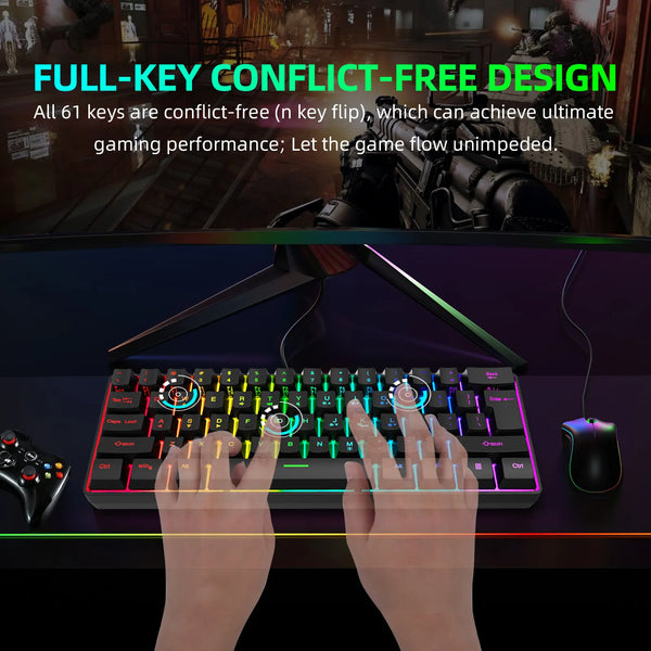 Multiple Color Combinations 61 Keys USB Wired RGB 60% Computer Gaming Small Black