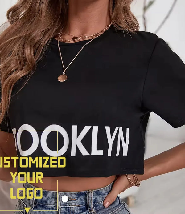 Yisen Manufacturer Small Quantity Custom T-shirt Black Letter Graphic Crop Tee Women Short sleeve Tshirt Round neck T