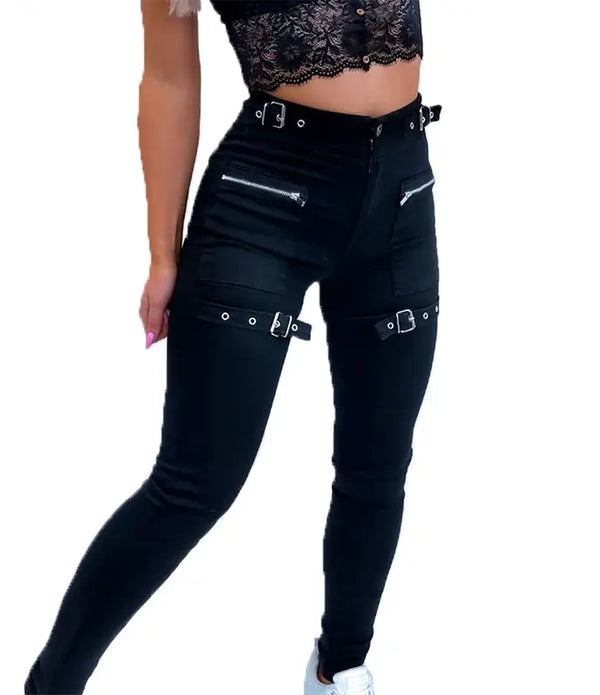 PDEP 2022 skinny high waist buckle strap black pants for women