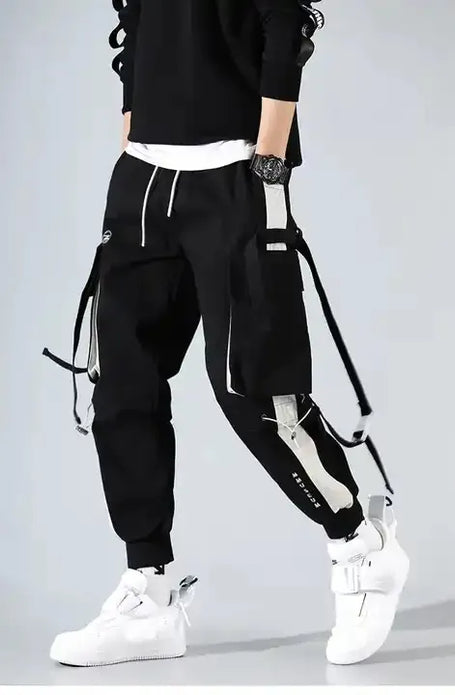 YiXin 2023Men Cargo Jogger Pants Black Cargo Pocket Track Joggers Hip Hop Joggers Male Sweatpants Ribbons Men Cargo