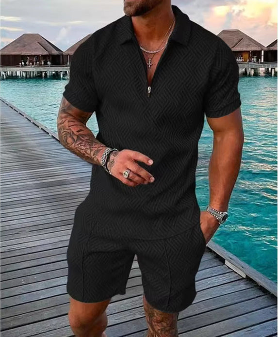 Conyson summer outfit polo zip full set clothes hombre sport wear top and short beach jogger 2 pieces tracksuit men sets