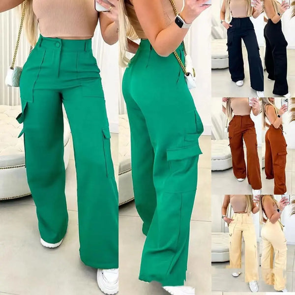 ZHEZHE High Street Wear Solid Color Fashion Cargo Withe Side Pocket Ropa Mujer High Waist Women's Trousers