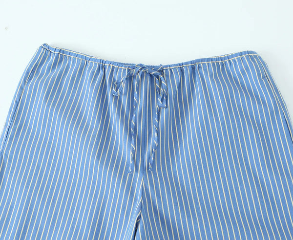 Striped print drawstring waist blue color wide leg design casual fashion women's trousers