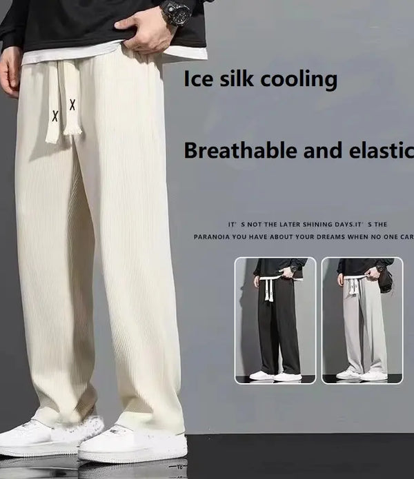 Summer thin ice silk cool feeling loose pants men casual trend straight floor-length