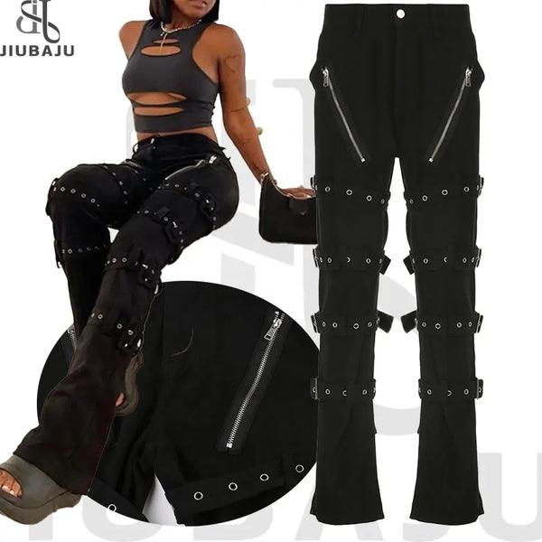 Eyelet Buckle Punk Goth Jeans Y2K Woman Solid E Girl Denim Gothic Straight Trousers