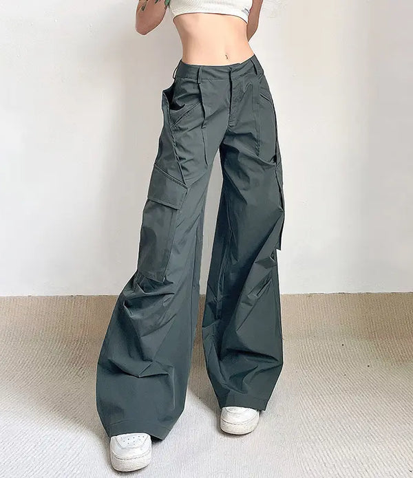 Flare Cargo Pants Women Parachute Pockets Vintage Y2k 90s Streetwear