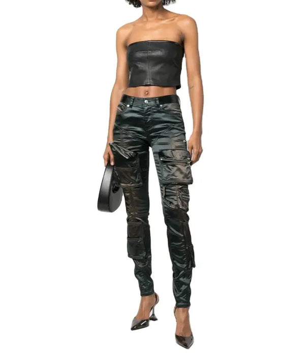 OEM Custom Low Waist Multiple Zip Pocket Skinny Fit Satin Cargo Women