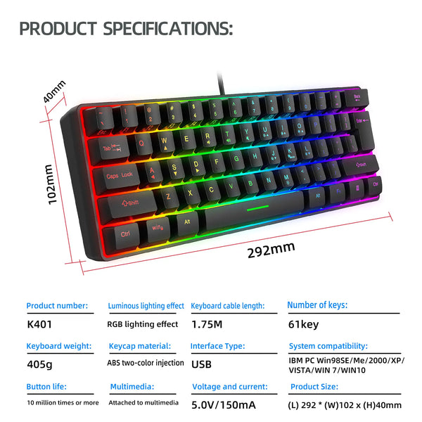 Multiple Color Combinations 61 Keys USB Wired RGB 60% Computer Gaming Small Black