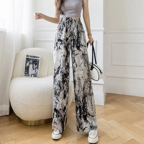 2022 2023 Hot Selling High Waist Loose Lace-up Ink Painting Casual Tie-dye Ice Silk Printed Harem Wide Leg Women