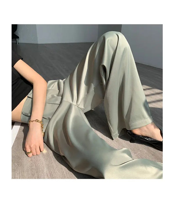 Summer Satin High Waist Wide Leg Pants for women Loose Silk Elegant Fashion OL Long Trousers