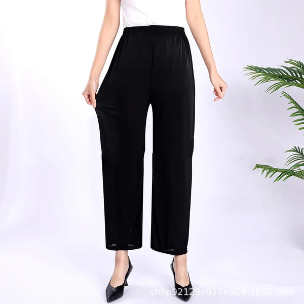 New Women Fashion Long Pants Spring Summer Ice Silk Loose Printed Trousers Elastic Waist Lady Wide Leg Casual