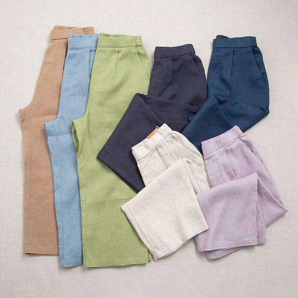 Pure linen wide leg pants Japanese style women 8 length summer wear