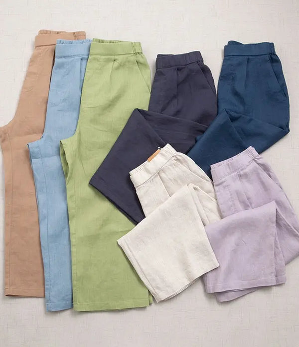 Pure linen wide leg pants Japanese style women 8 length summer wear