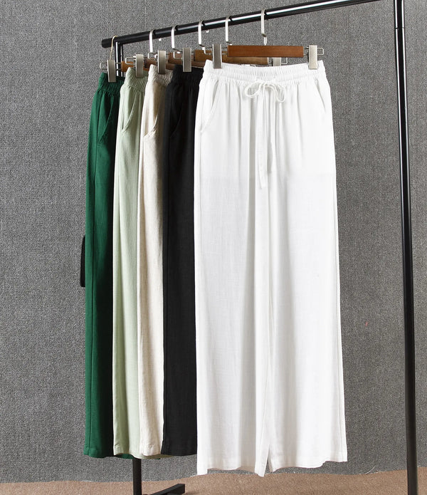 High waisted wide leg pants women plus size cotton linen casual drawstring women's trousers white linen