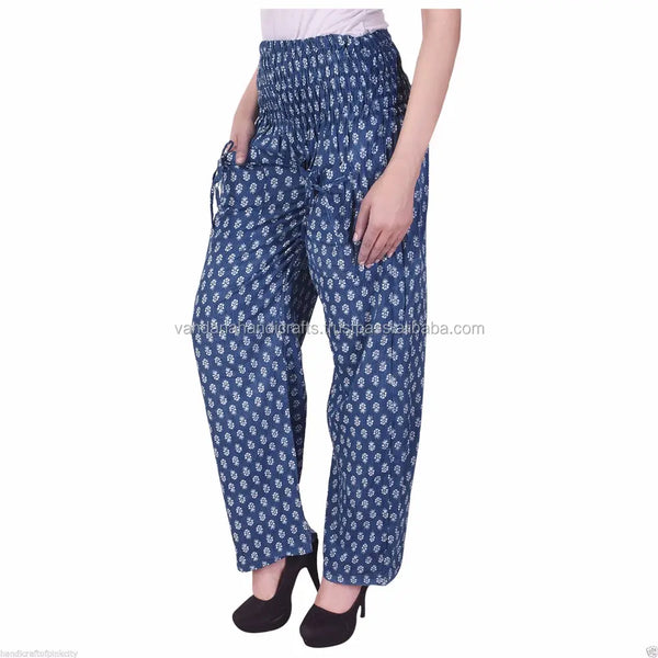 Hand Block Print Cotton Trouser, women Yoga Trouser Indigo Blue Alibaba