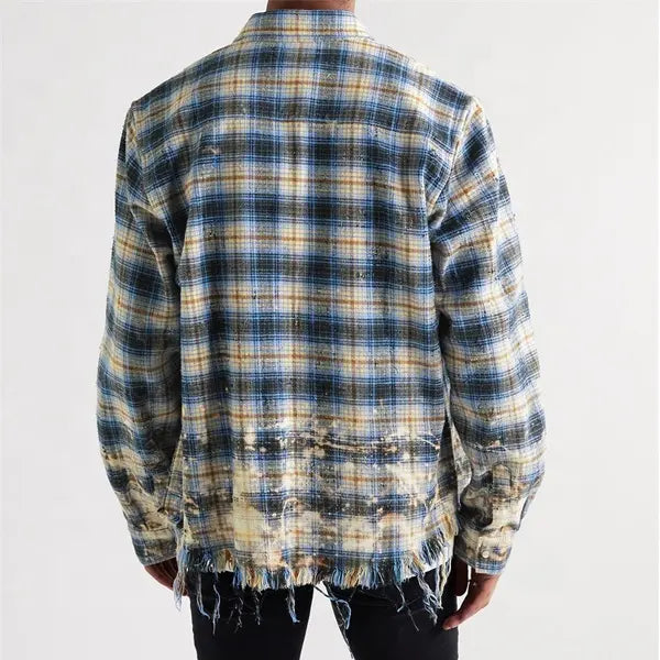 Custom oversized distressed checked cotton flannel mineral acid wash used ripped for men