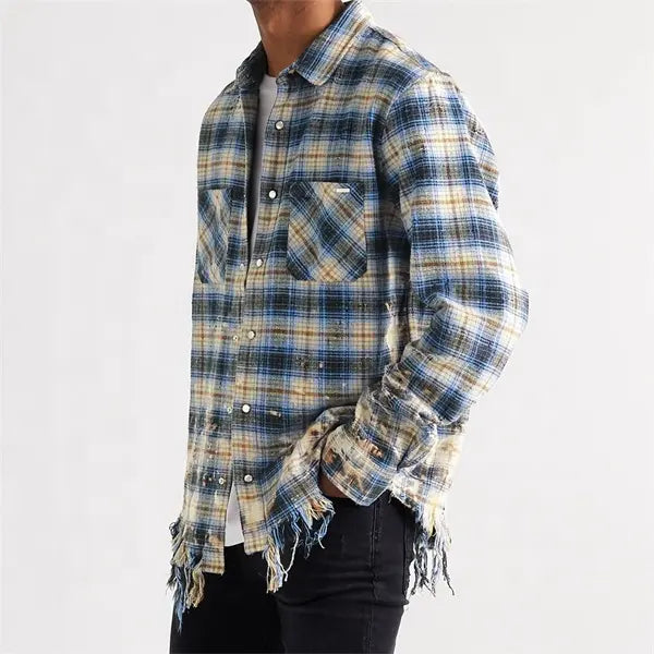 Custom oversized distressed checked cotton flannel mineral acid wash used ripped for men